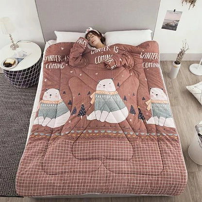 Cozy fleece blanket with sleeves in various colors, perfect for relaxing and enjoying indoor activities