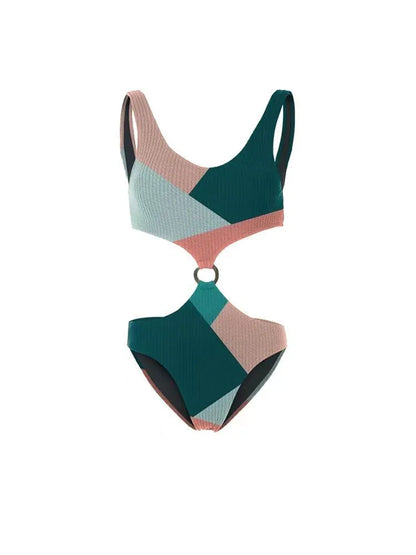Two-piece contrast colour bikini set with mesh gauze skirt for swimming