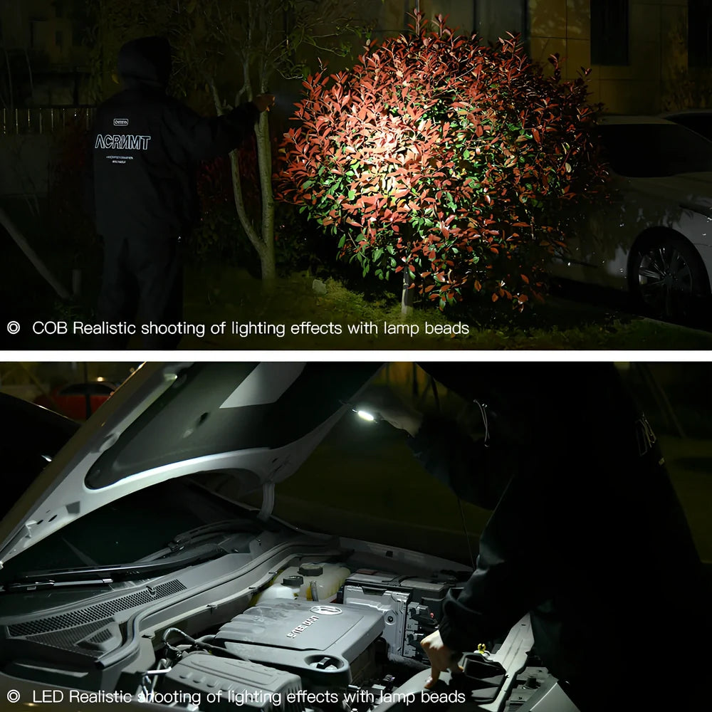 Multifunctional emergency light showing aluminium construction, tools, and 400LM COB lighting