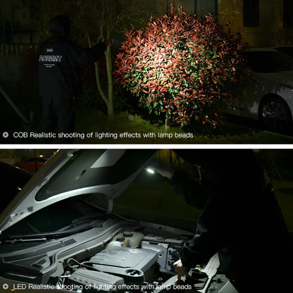 Multifunctional emergency light showing aluminium construction, tools, and 400LM COB lighting