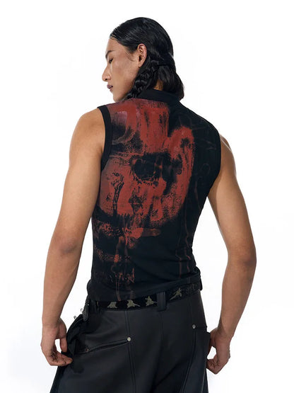 Black half turtleneck sleeveless slim fit t-shirt with a printed character design on the front.