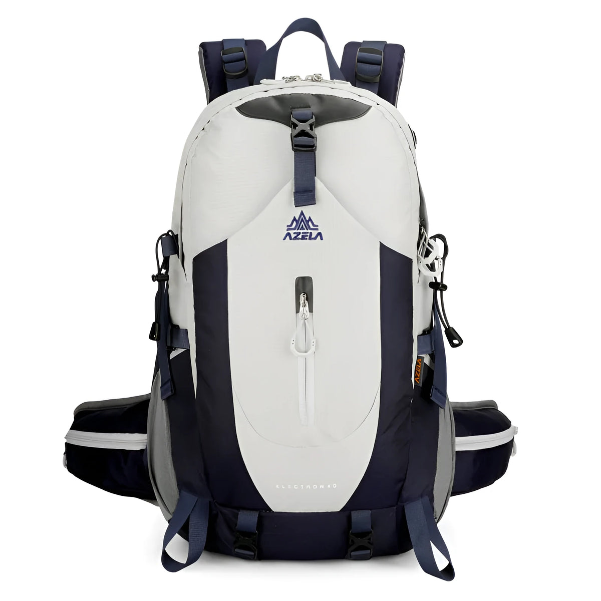 AZELA Electron 40L hiking backpack in white and navy with multiple compartments and adjustable straps