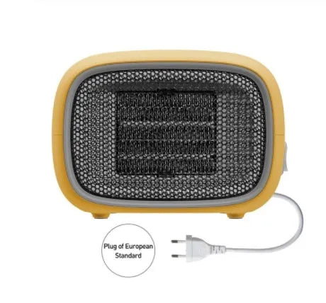 Mini home heater in green, white, or yellow with PTC ceramic heating and compact 158mm x 90mm x 114mm size