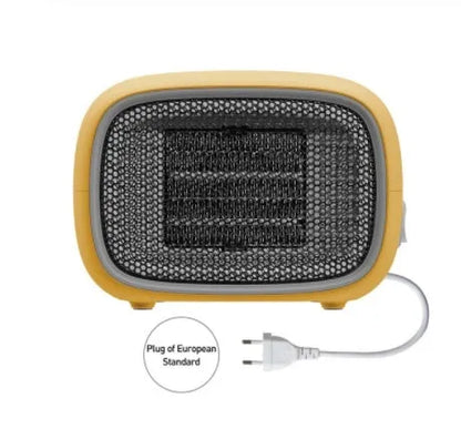 Mini home heater in green, white, or yellow with PTC ceramic heating and compact 158mm x 90mm x 114mm size