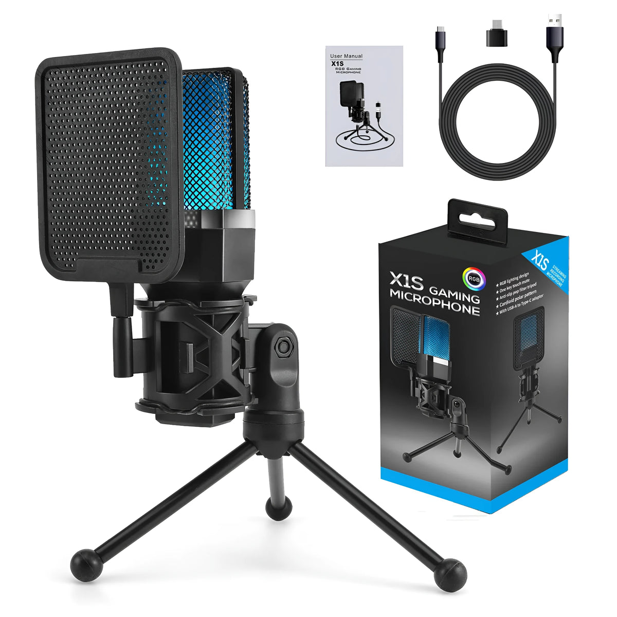 Black X1S USB condenser microphone with RGB seven-colour holder, bracket, and 1.5m cable