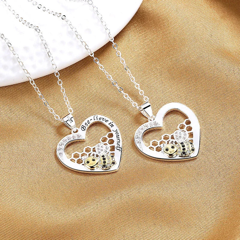 Pastoral-style bee hive pendant necklace with hearts color separation, made of copper