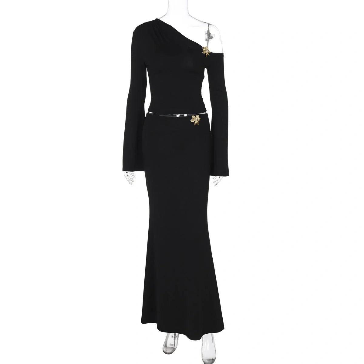 Oblique shoulder women's skirt suit with floral bell sleeves and high waist long skirt in black