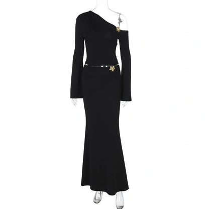 Oblique shoulder women's skirt suit with floral bell sleeves and high waist long skirt in black