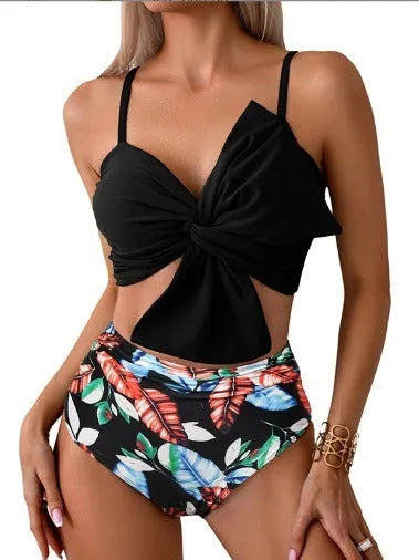 Women's big bow print bikini and swim trunks set in nylon fabric showing colour options