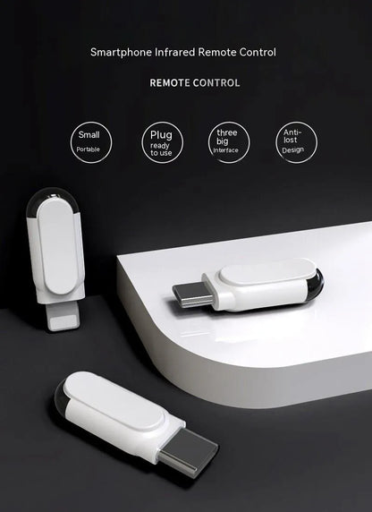 Smartphone infrared emission remote control with Type-C, Micro-USB, or Apple Lightning interface, 30x11x7.5mm, key ring and silicone cover