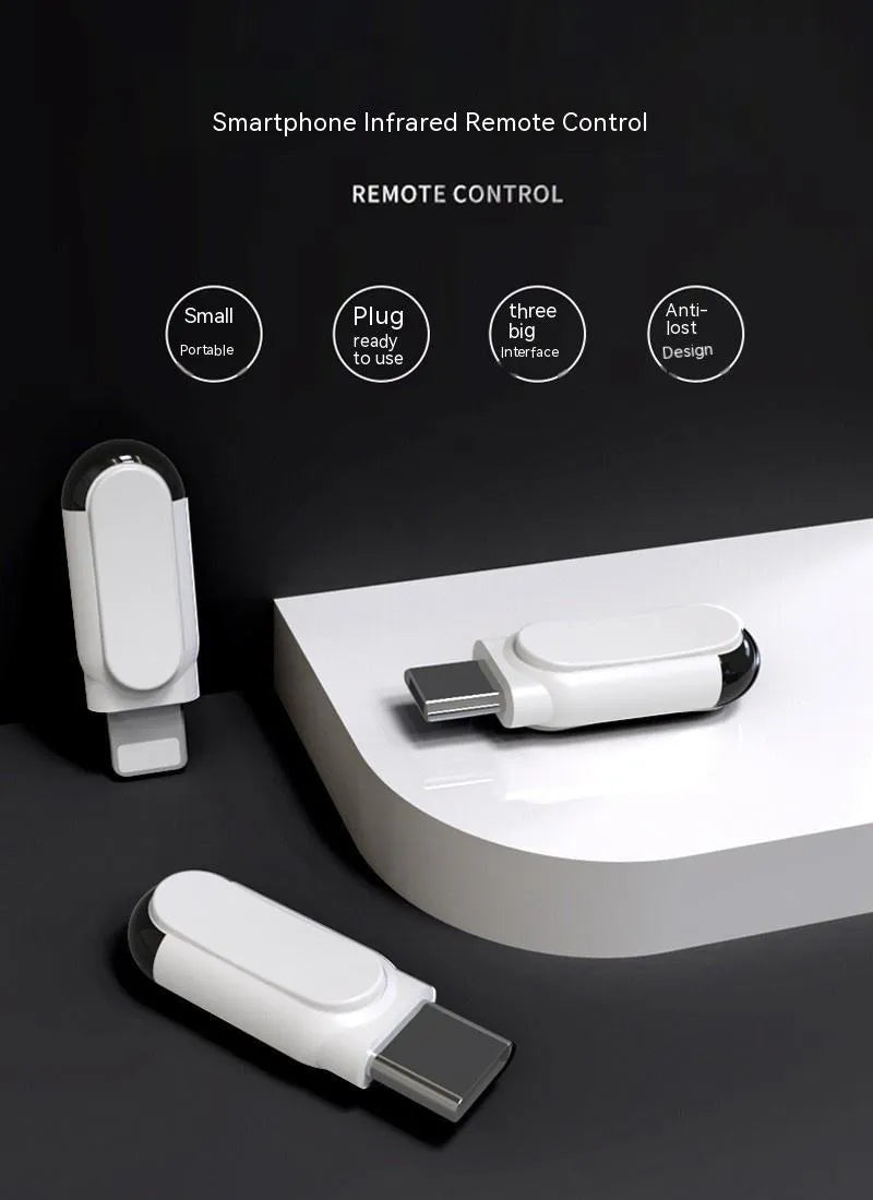 Smartphone Infrared Emission Remote Control for Android OTG Mobile Phone with Type-C Micro-USB Apple Lightning Interface ABS PC Body 30x11x7.5mm Key Ring Hanging Charging Port Dustproof