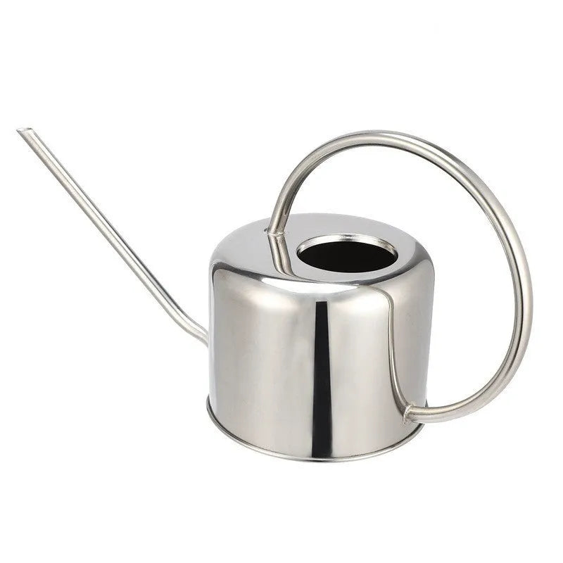 Stainless steel watering can with 2 litre large capacity and long spout for home gardening, public green spaces, and garden production, available in black, gold, and stainless steel finishes.