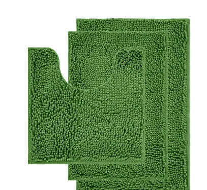 Chenille three-piece bathroom carpet set with U-shaped toilet mat, TPR backing, in green colour variations