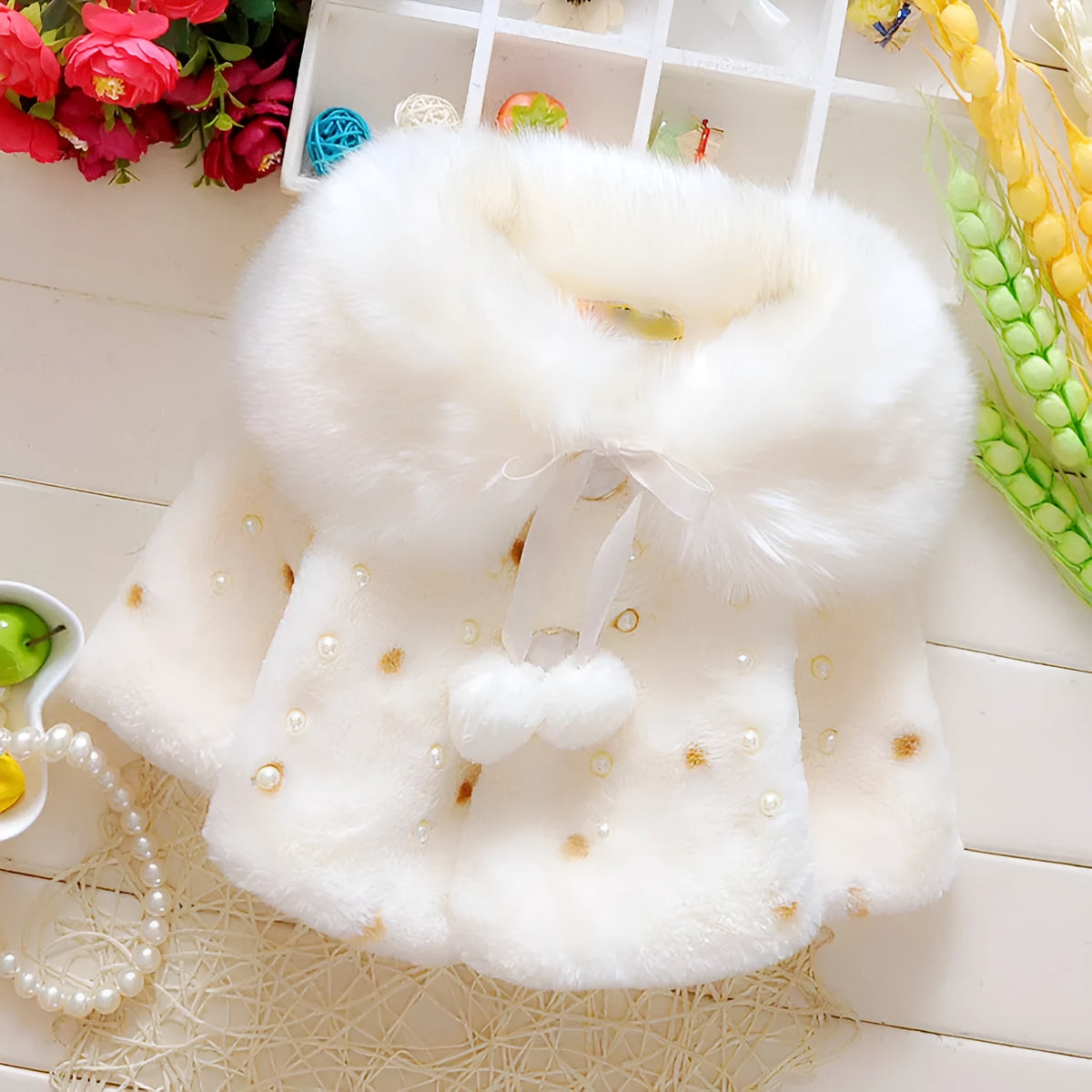 Infant cape in cotton blend, sizes 70cm to 100cm, available in beige, pink, purple, red and white
