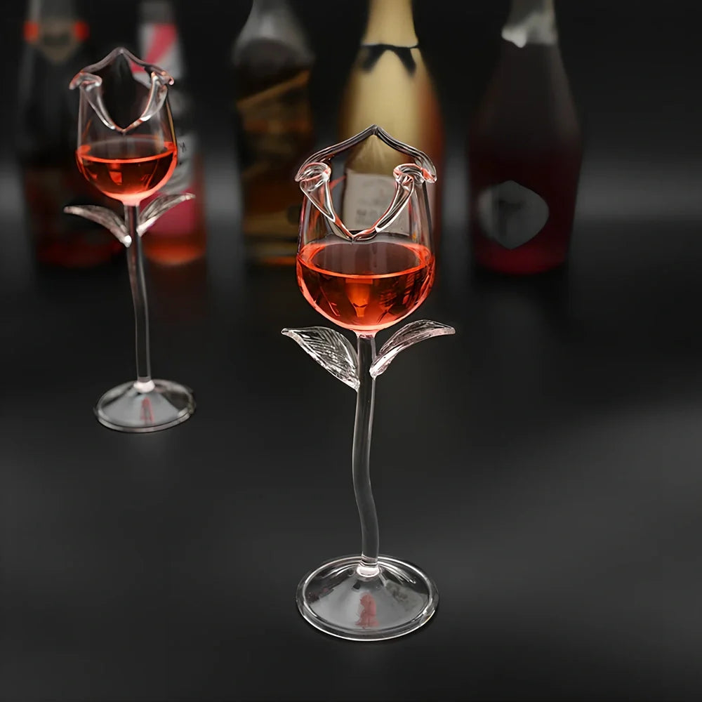 Rose flower shaped wine glass with 100ml capacity in mushroom colour showing stem and measured indicators