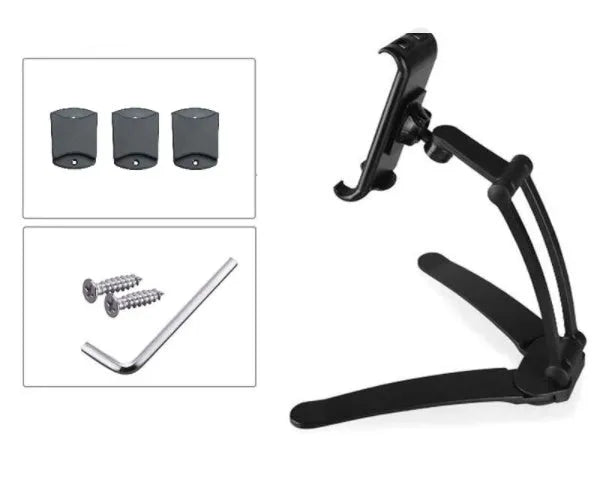 Aluminium alloy desktop tablet stand with adjustable clips on a 23.5cm base, holding a tablet at an angle
