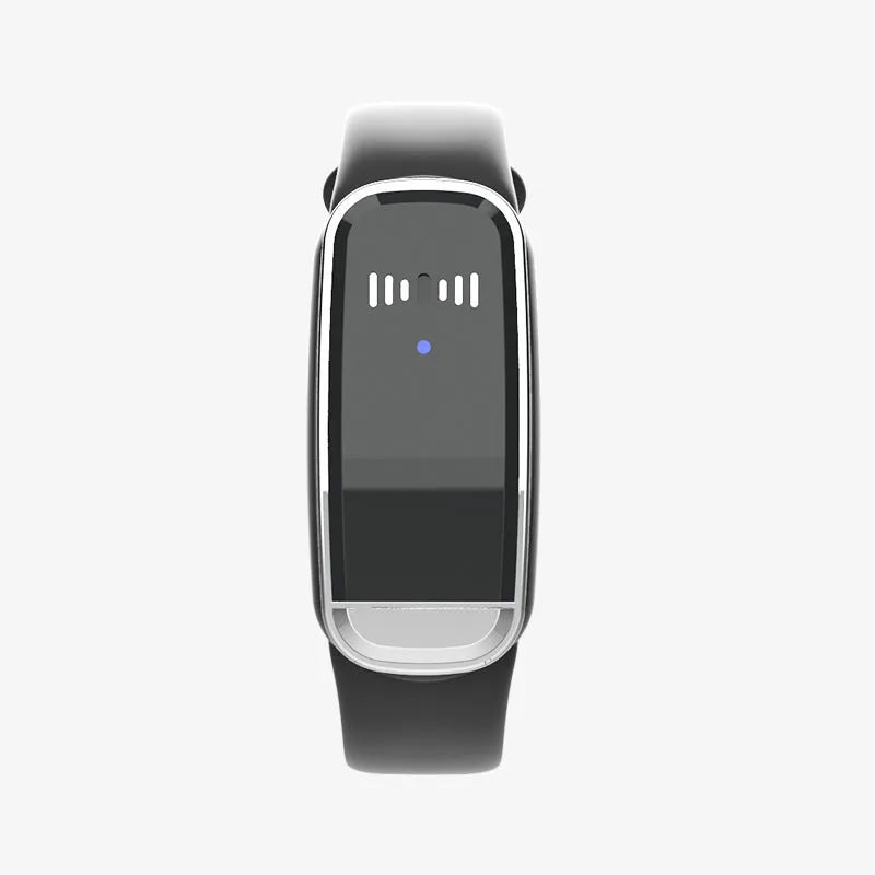 Ultrasonic mosquito repellent wristband in black and white colours showing compact wearable design