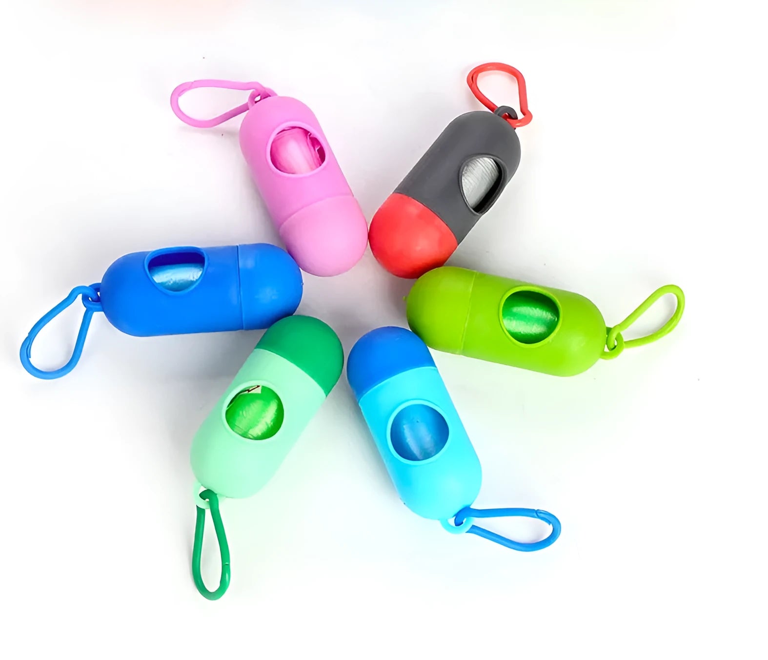 Multi-colour dog waste cleanup bags showing black, blue, green, pink, and red variants in 22.5x30cm size