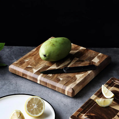 Brown solid acacia wood cutting board with 3cm thick edge, shown in large and small size options.