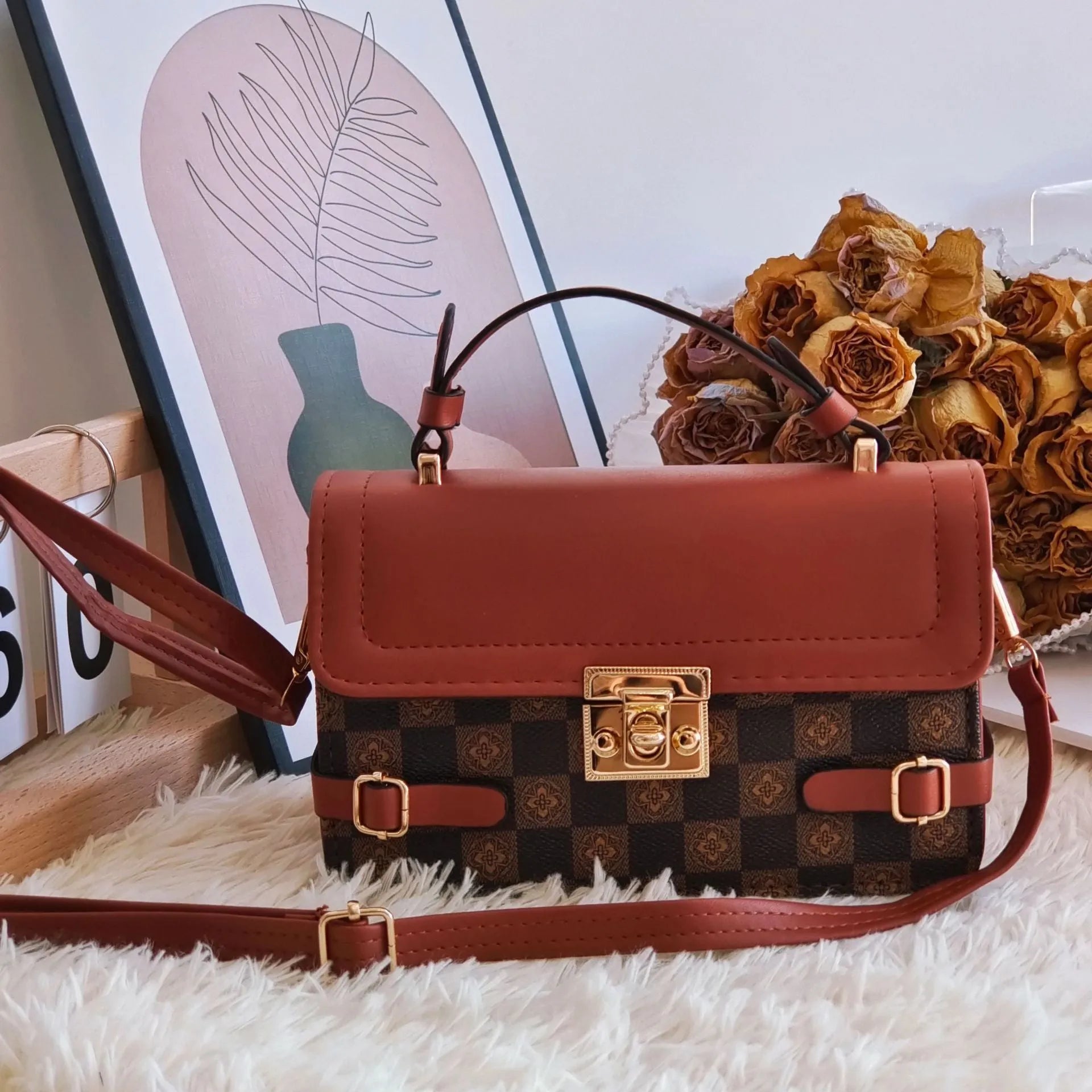 Retro square pattern crossbody bag in apricot colour showing 19.5x7.5x12cm dimensions and adjustable shoulder strap