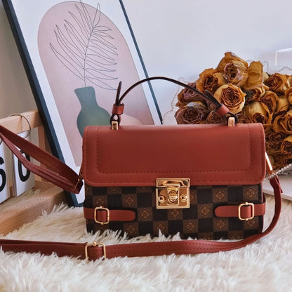 Retro square pattern crossbody bag in apricot colour showing 19.5x7.5x12cm dimensions and adjustable shoulder strap