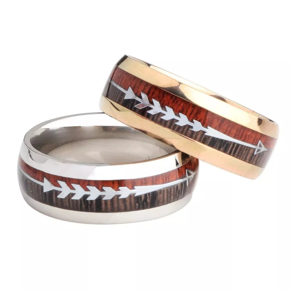 Stainless Steel Wood Grain Arrow Inlaid Ring for Men in black, rose gold, and silver