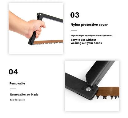 Black outdoor foldable saw with aluminium handle shown in open and closed positions.
