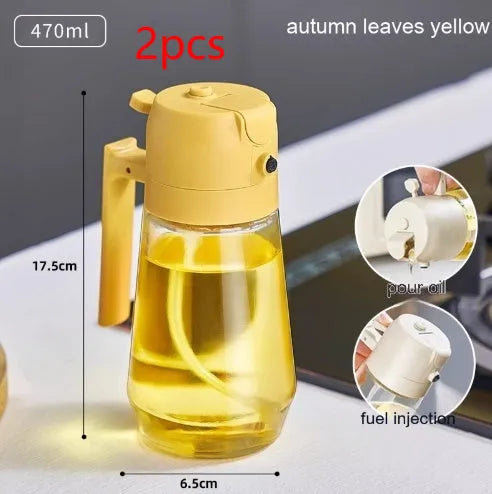 470ml glass olive oil sprayer and pour bottle with ergonomic handle in beige, yellow, green, and black colour options.