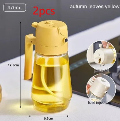 470ml glass olive oil sprayer and pour bottle with ergonomic handle in beige, yellow, green, and black colour options.
