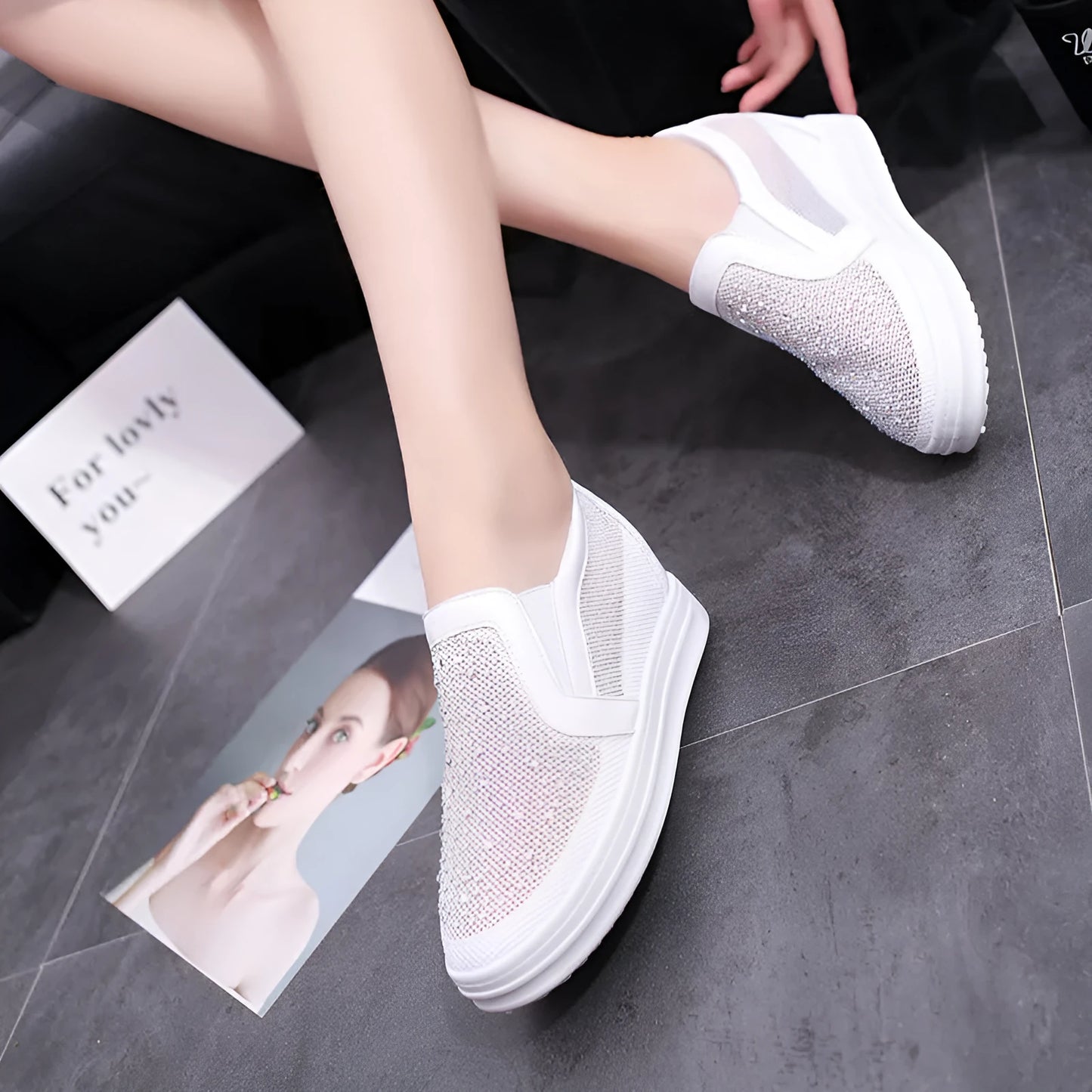 Women's black and white mesh slip-on wedge shoes with rubber sole and round toe