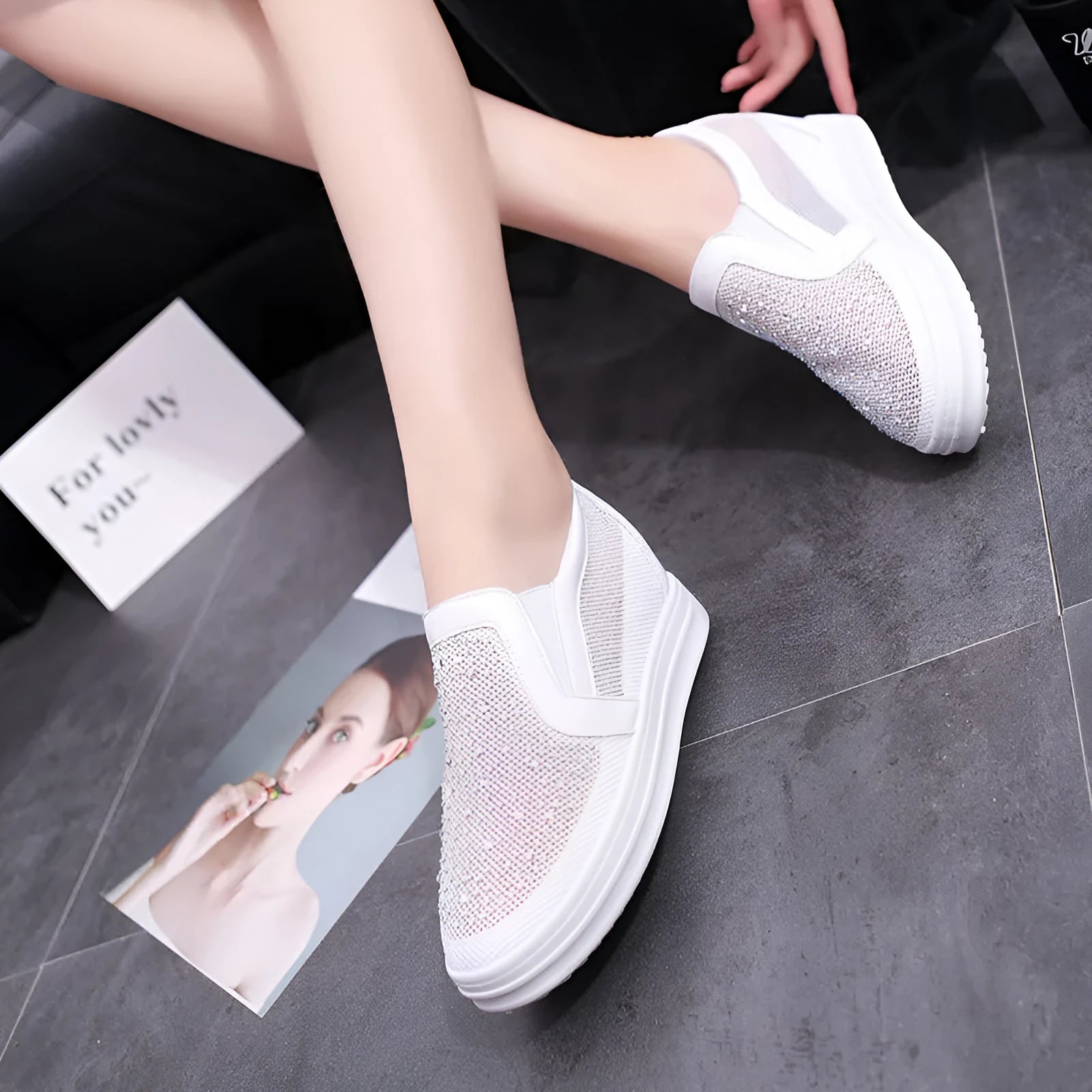 Women's black and white mesh slip-on wedge shoes with rubber sole and round toe