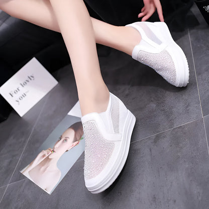 Women's black and white mesh slip-on wedge shoes with rubber sole and round toe
