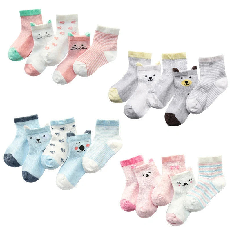 Vibrant 5-pack cotton kids' socks for boys and girls, perfect for summer comfort and style.