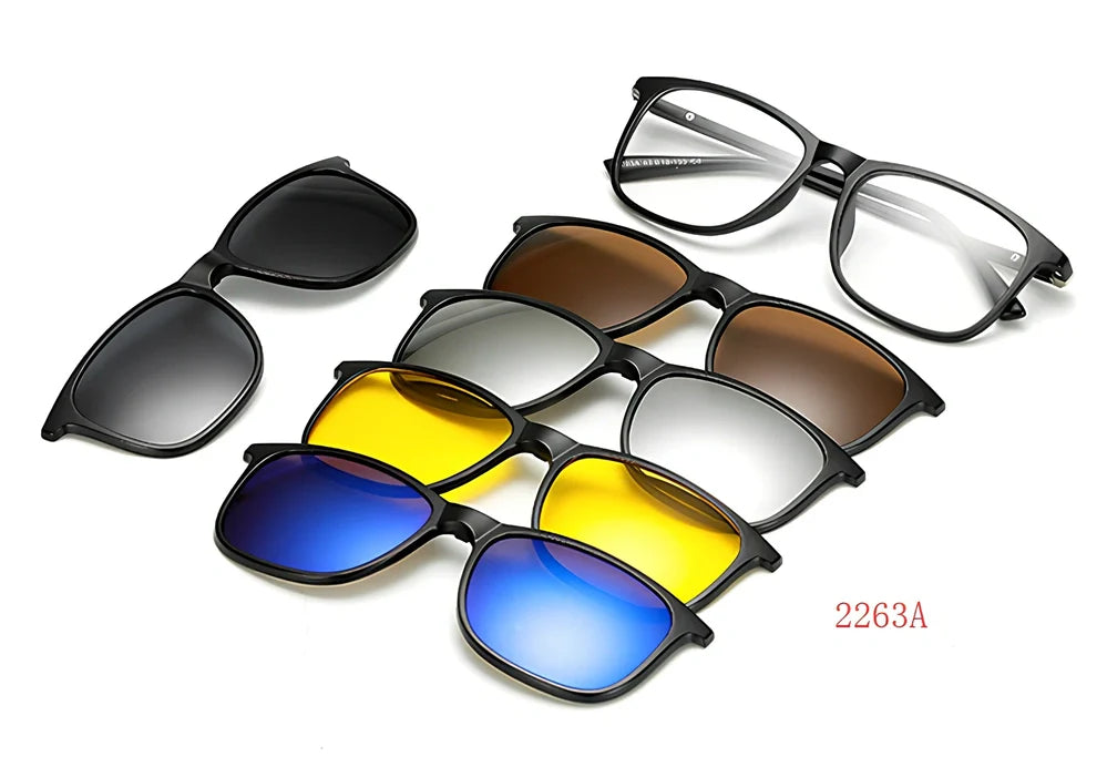 Magnetic sunglasses showing closure system with resin lenses and PC frame in multiple size options