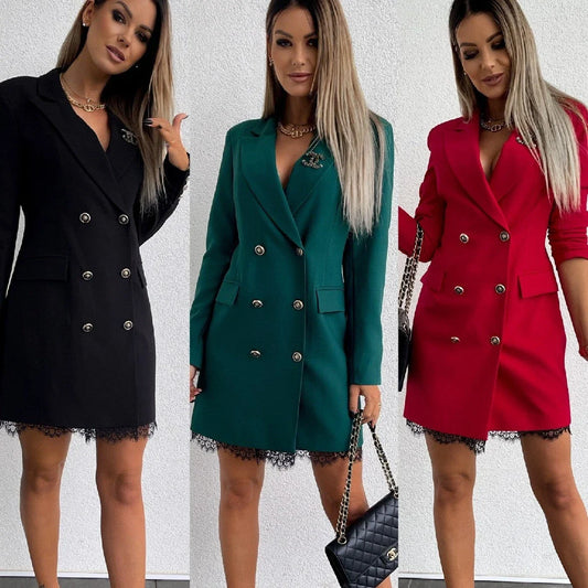 Fashionable lace midi dress with double-breasted closure and A-line silhouette in red, black, and green colors
