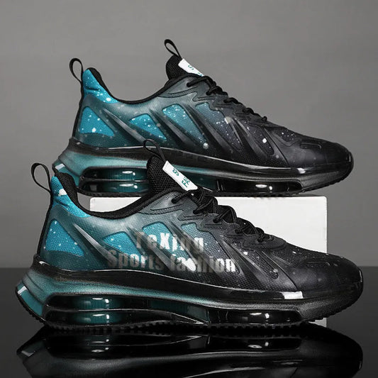 Men's black and green platform running shoes with mesh upper and rubber sole, showing lace-up design and 3-5cm heel height