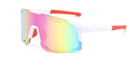 Square cycling sunglasses in black, blue, green, pink, or white frame with various lens films