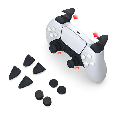 Black silicone thumb grip caps and trigger extenders for Sony PlayStation PS5 controller, 8-piece set