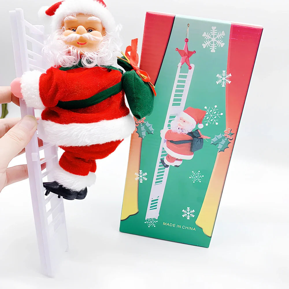 Electric plastic Santa Claus on 30cm climbing ladder with riding deer, in red suit, for Christmas decorations