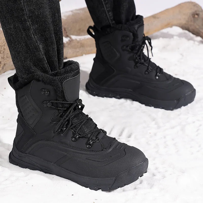 Men's black high-top winter boots with fleece lining and lace-up front on a flat heel