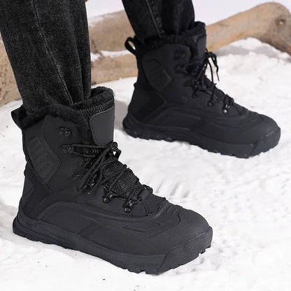 Men's black high-top winter boots with fleece lining and lace-up front on a flat heel