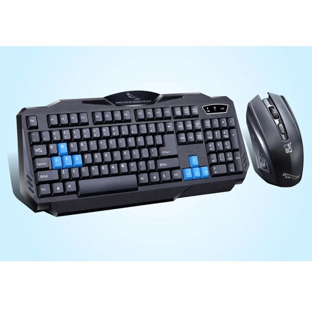 Black wireless keyboard and mouse combo set with USB receiver, ABS plastic, 12000 DPI optical mouse.