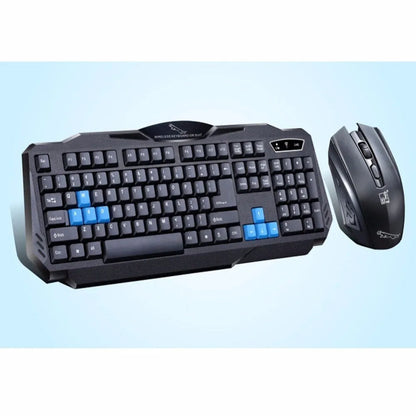Black wireless keyboard and mouse combo set with USB receiver, ABS plastic, 12000 DPI optical mouse.