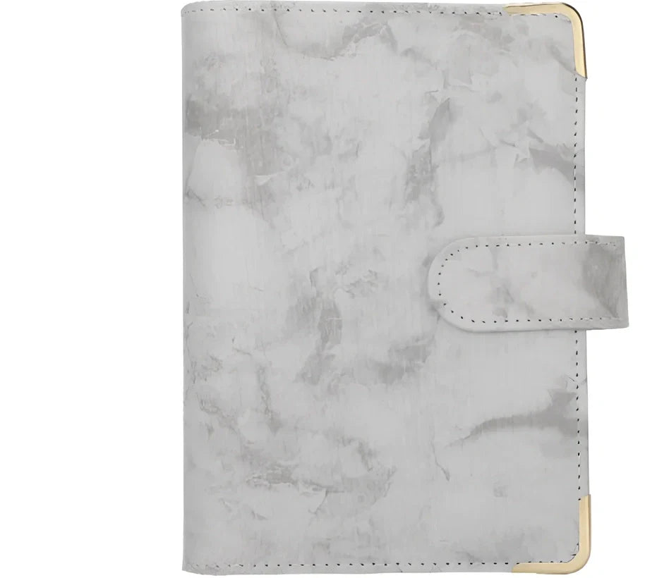 A6 leather PU binder journal open showing colour budget sheets and zip pockets with spiral binding