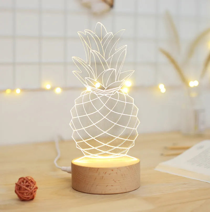Cartoon pineapple bedside lamp with wood and acrylic materials, dimmable LED, and USB cable, dimensions 24.5x10cm