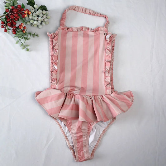 Girls Siamese Striped Princess Wind Lace Swimsuit for summer water activities