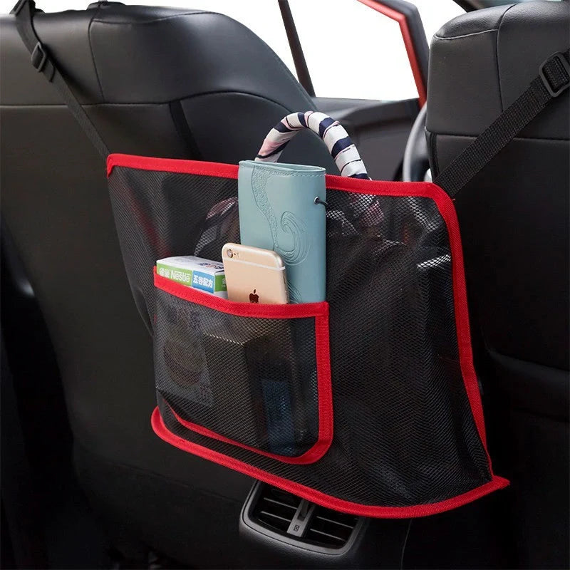 Durable car net pocket handbag holder in red and black, dimensions 40x12x26cm