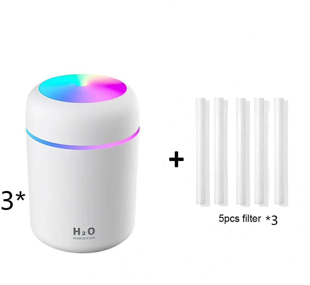 Compact USB car humidifier with colourful LED light and 300ml water tank for vehicle use
