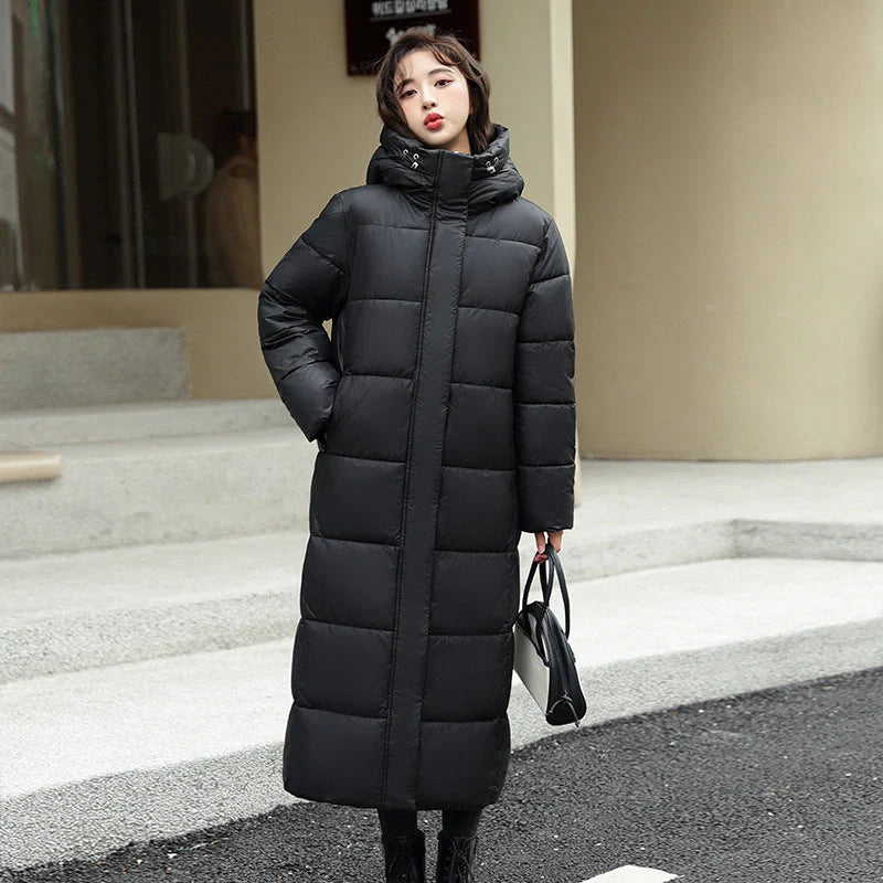 Women's long winter down puffer coat in black, dark red, white, and khaki colors