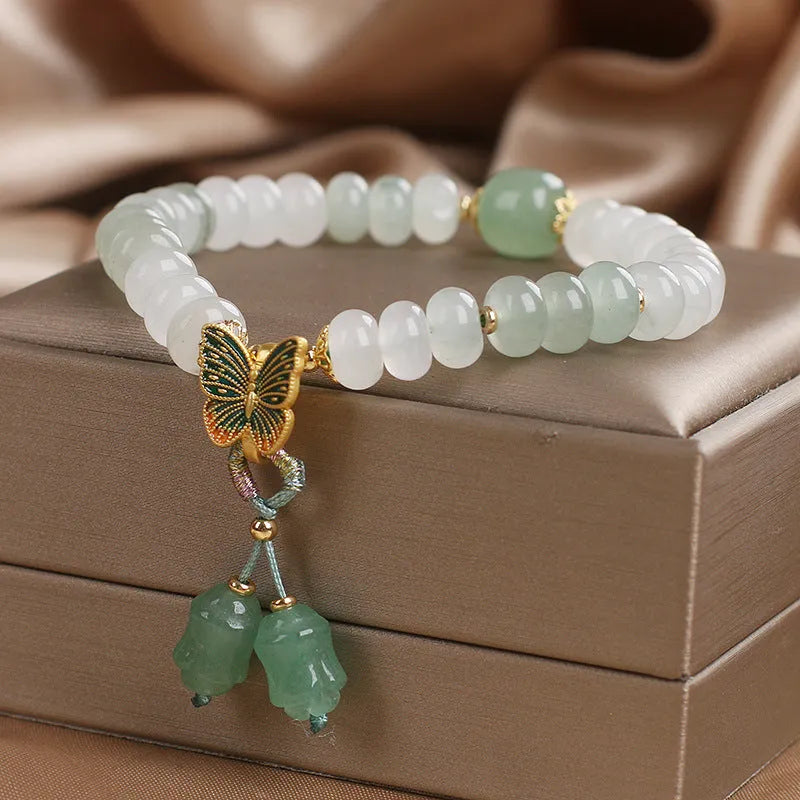 Green Tian Shan Cui jade abacus beads bracelet with retro butterfly tassel and crystal decoration